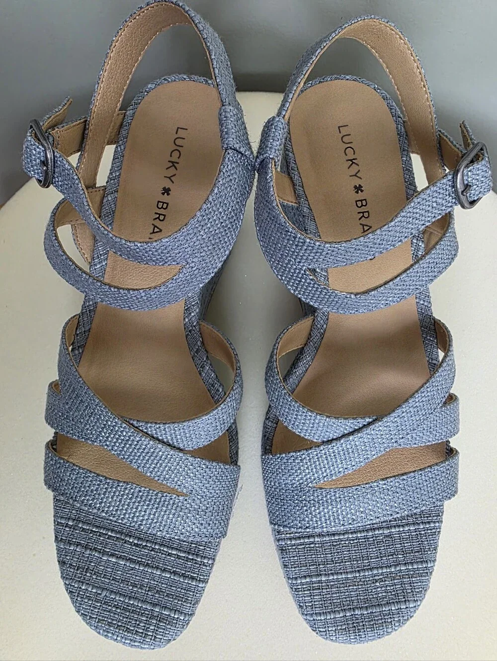 Lucky Brand LK-Carlisha Gray Blue Lead Vada Woven Platform Wedge Sandals 7.5 NIB